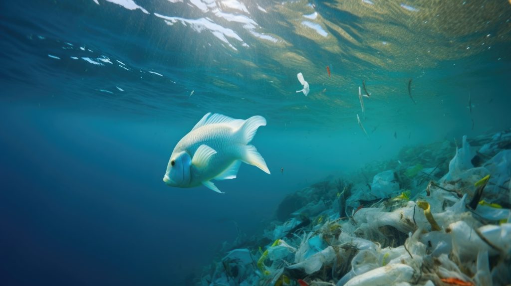 Closeup of a fish surrounded by plastic debris in the ocean, a reminder of how plastic pollution affects all forms of marine life - Smart Plastic