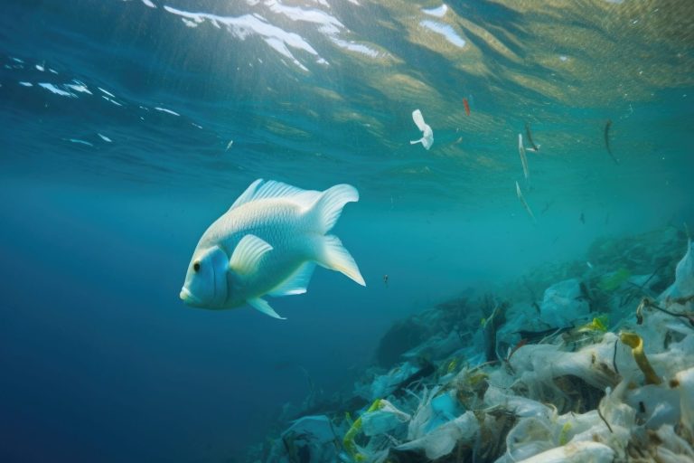 Closeup of a fish surrounded by plastic debris in the ocean, a reminder of how plastic pollution affects all forms of marine life - 'smart' plastics