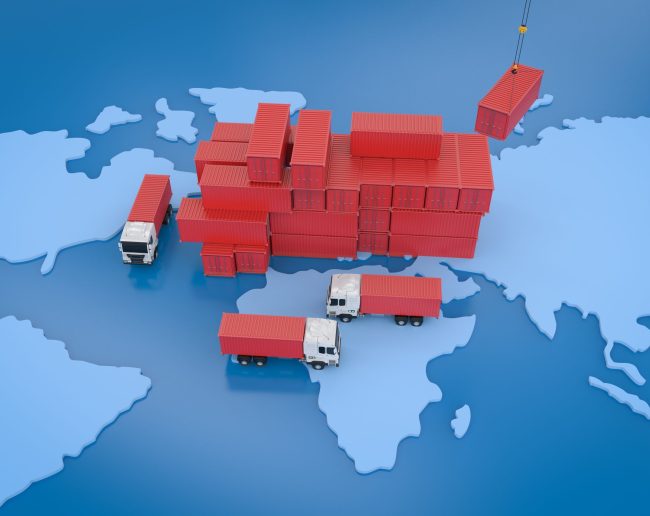 global recycling progress - trailer trucks with stack of containers