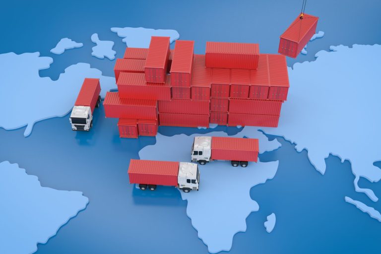 global recycling progress - trailer trucks with stack of containers