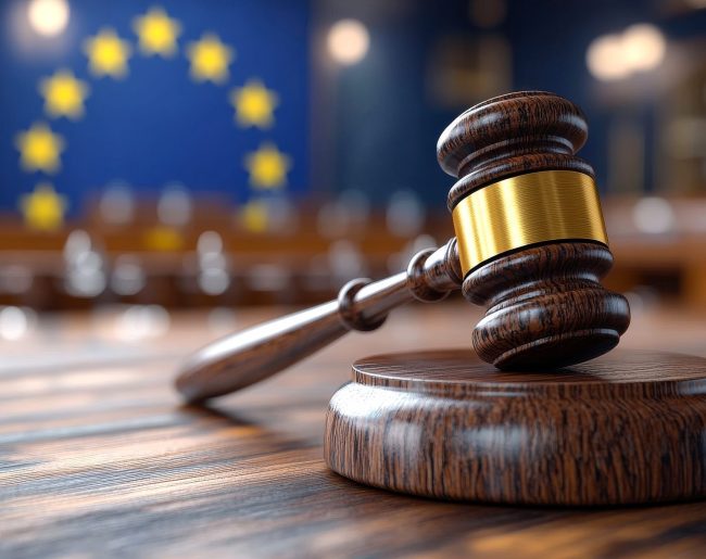 Courtroom with gavel and EU flag.- Summary of European Regulations Relevant to Packaging during 2024