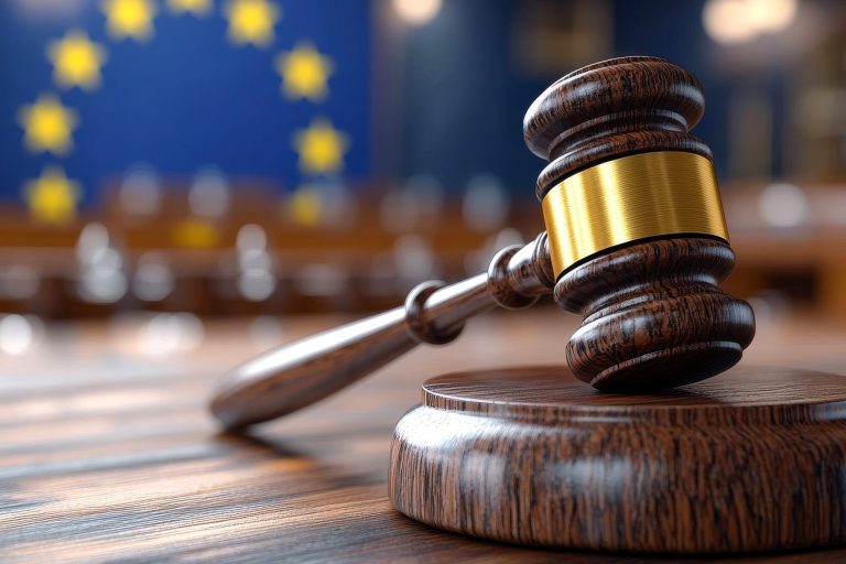 Courtroom with gavel and EU flag.- Summary of European Regulations Relevant to Packaging during 2024