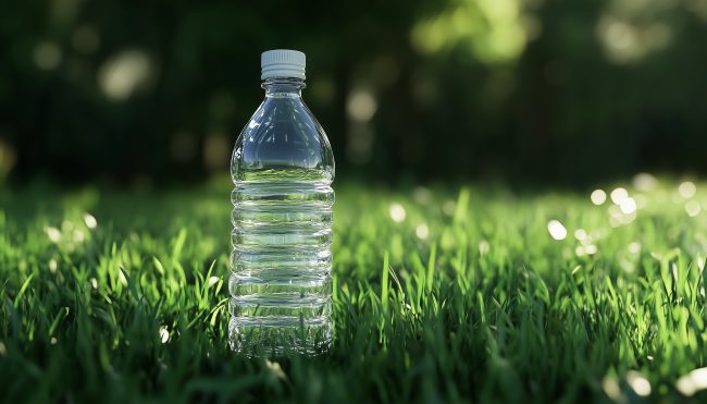 Bottle water mineral drink on green grass fresh outdoor park
