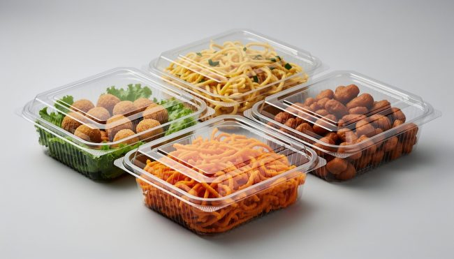 EU food contact materials compliance requirements explained, including Regulation (EU) 2026245, composition limits and DoC updates. - Fresh Salad with Cherry Tomatoes and Green Leaves in Clear Plastic Container with Empty White Card