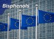 European Union flags in front of the EU Commission building with the text 'Bisphenols' overlaid in white, representing new Regulation (EU) 2026/250 compliance standards.