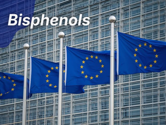 European Union flags in front of the EU Commission building with the text 'Bisphenols' overlaid in white, representing new Regulation (EU) 2026/250 compliance standards.