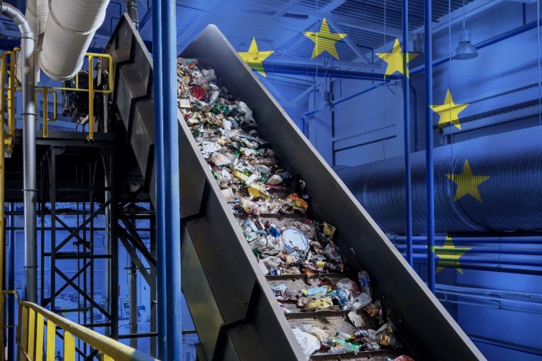 EU Circular Economy Act: Industrial waste sorting conveyor belt with European Union flag overlay.