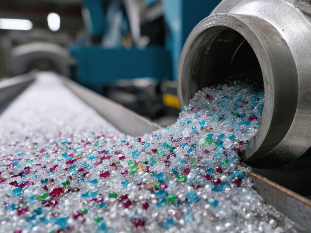 Close-up of colorful, high-purity recycled plastic pellets pouring from a metallic chute onto a conveyor belt in a validated decontamination facility.
