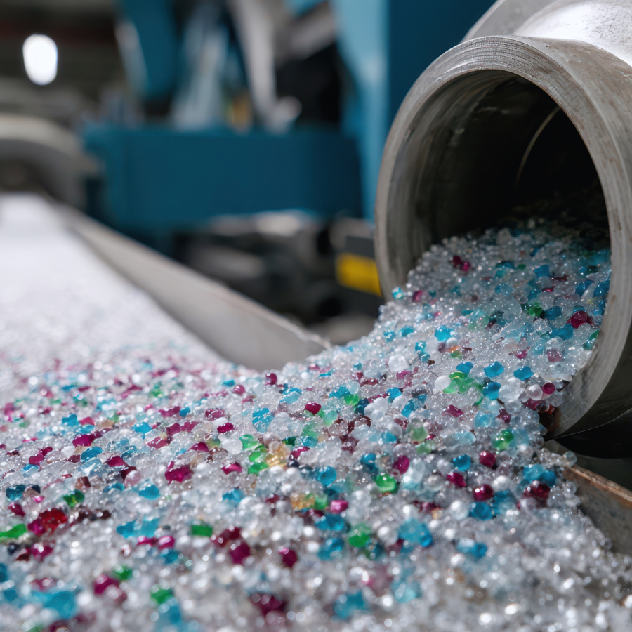 Close-up of colorful, high-purity recycled plastic pellets pouring from a metallic chute onto a conveyor belt in a validated decontamination facility.