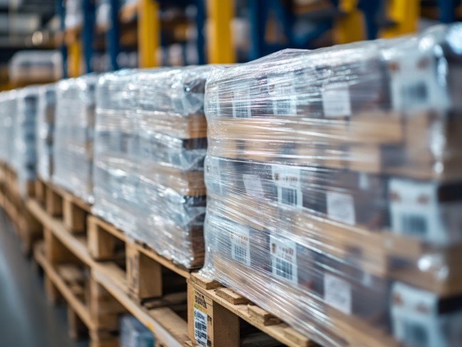 Warehouse pallets with stretch film wrap showcasing the logistical challenges of PPWR Article 29 reuse mandates.