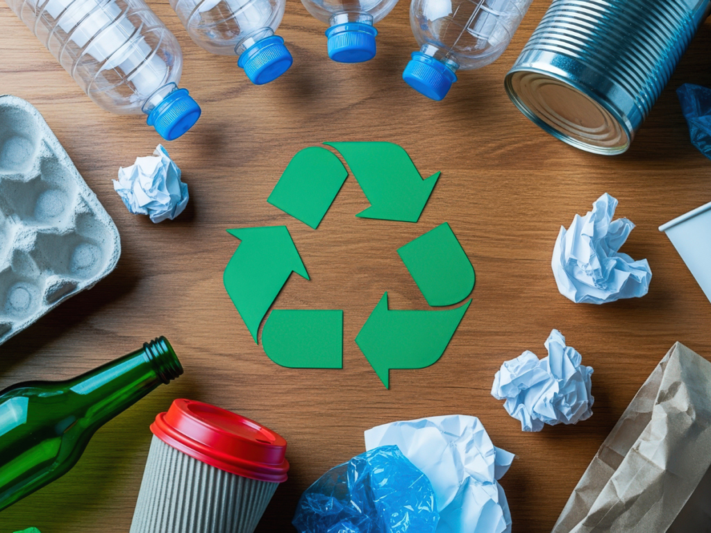 Recycling symbols and sustainable packaging materials illustrating the new EN 18120 standard for design for recycling compliance.