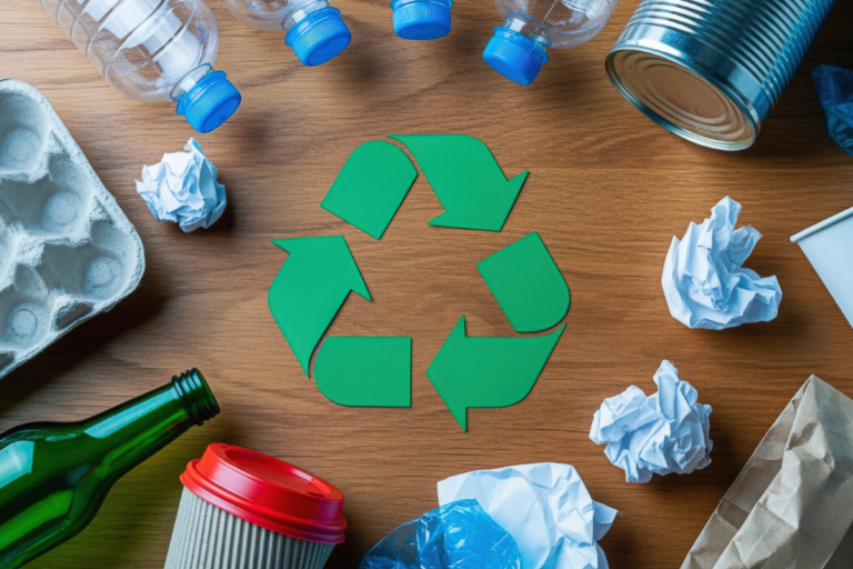 Recycling symbols and sustainable packaging materials illustrating the new EN 18120 standard for design for recycling compliance.