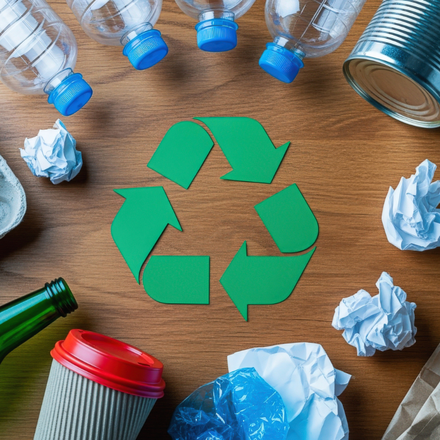 Recycling symbols and sustainable packaging materials illustrating the new EN 18120 standard for design for recycling compliance.