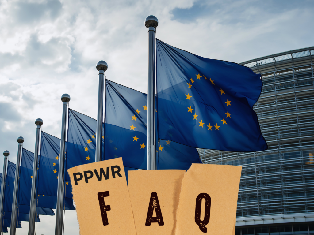 Multiple European Union flags waving in front of an EU building with a paper-style overlay reading "FAQ PPWR," representing official guidance on the Packaging and Packaging Waste Regulation.