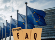 Multiple European Union flags waving in front of an EU building with a paper-style overlay reading "FAQ PPWR," representing official guidance on the Packaging and Packaging Waste Regulation.