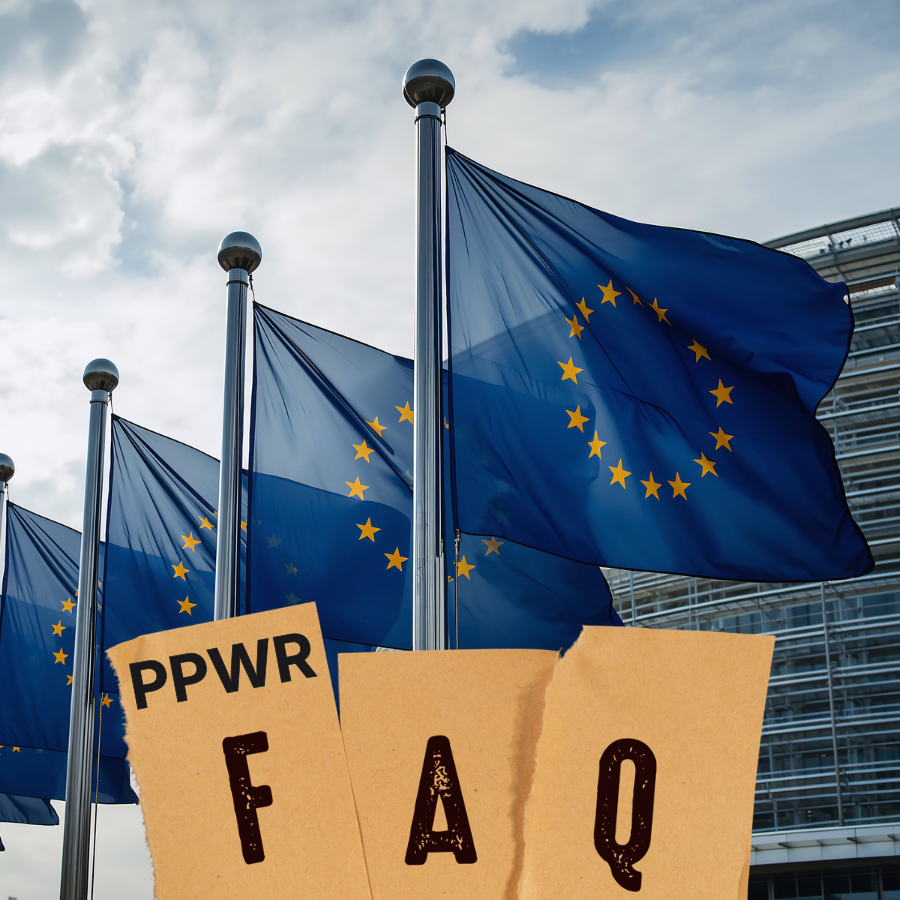 Multiple European Union flags waving in front of an EU building with a paper-style overlay reading "FAQ PPWR," representing official guidance on the Packaging and Packaging Waste Regulation.