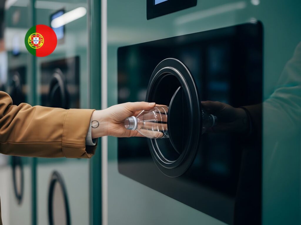 A consumer using a reverse vending machine (RVM) as part of the DRS Portugal "Volta" launch to recycle a plastic PET bottle.