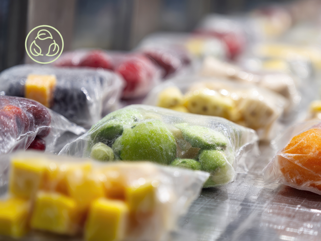 Fresh fruit and vegetable packaging utilizing biodegradable films, shown as a practical application of Chemical Migration Analysis findings for PBS and PLA blends.