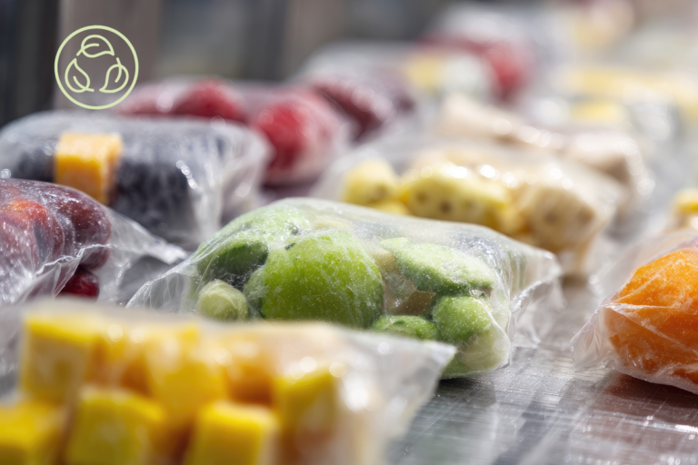 Fresh fruit and vegetable packaging utilizing biodegradable films, shown as a practical application of Chemical Migration Analysis findings for PBS and PLA blends.