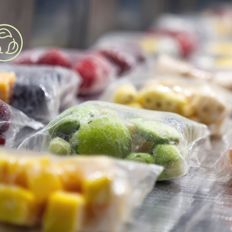 Fresh fruit and vegetable packaging utilizing biodegradable films, shown as a practical application of Chemical Migration Analysis findings for PBS and PLA blends.