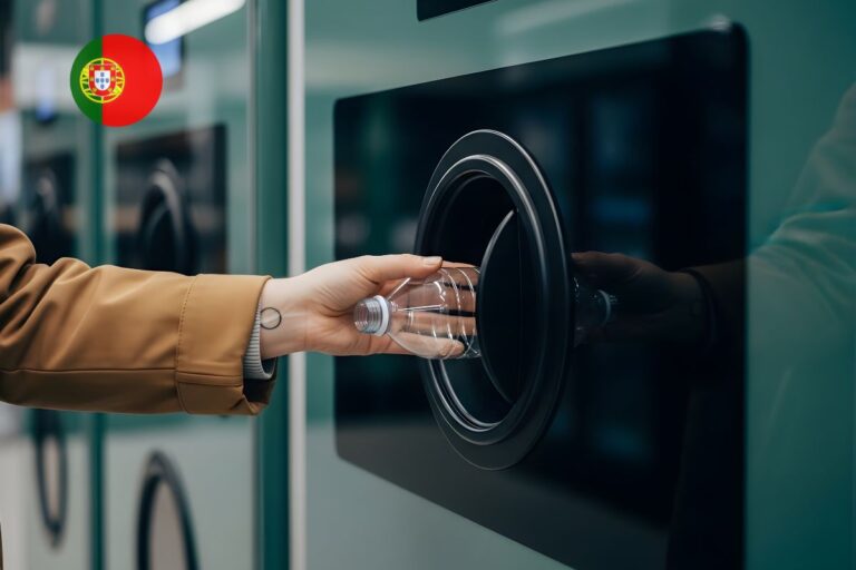 A consumer using a reverse vending machine (RVM) as part of the DRS Portugal "Volta" launch to recycle a plastic PET bottle.