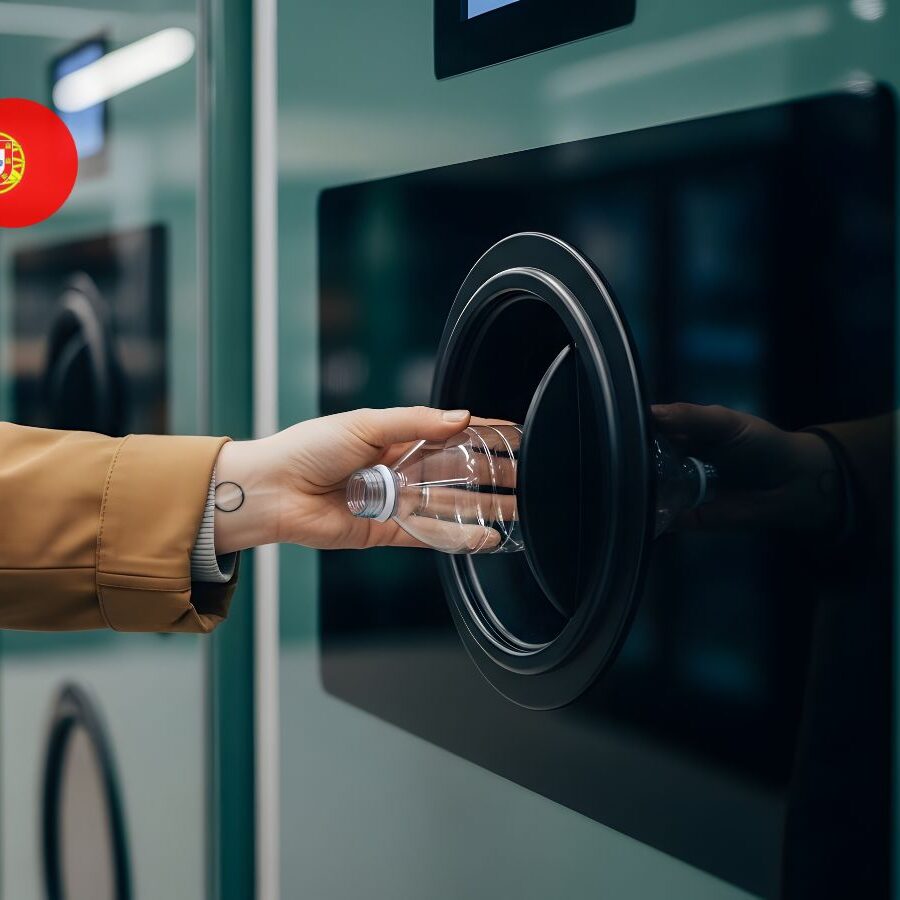 A consumer using a reverse vending machine (RVM) as part of the DRS Portugal "Volta" launch to recycle a plastic PET bottle.