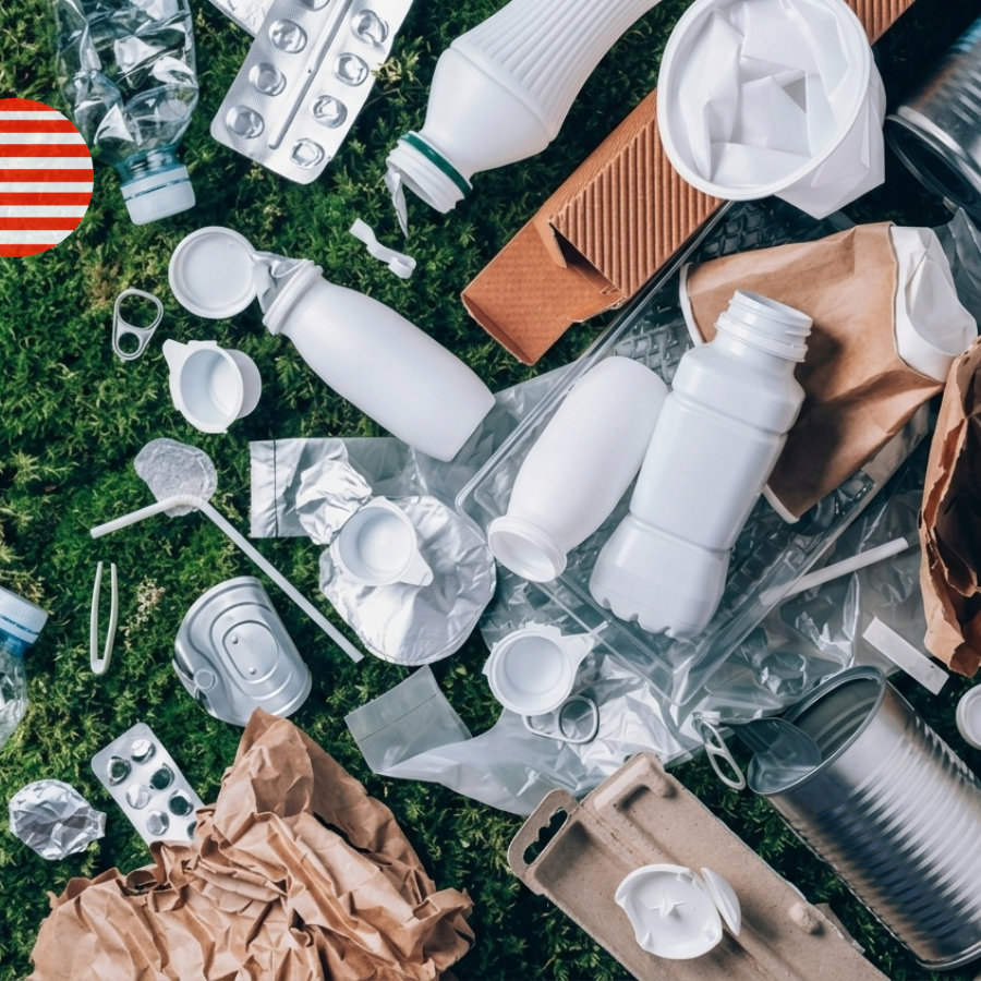 Assorted plastic, paper, and metal packaging waste on a green grass background with a U.S. flag icon, illustrating the 2026 U.S. EPR reporting requirements and SB 54 compliance for producers.
