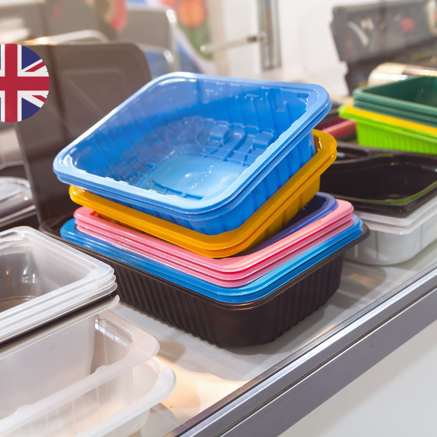 Colourful plastic food contact containers displayed on a shelf with a UK flag icon, illustrating the FSA's postponement of the BPA restriction in food contact materials.