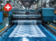 Industrial packaging printing machine with a Swiss flag icon, illustrating the compliance requirements for packaging inks under Swiss Ordinance Annex 10 Edition 3.2.