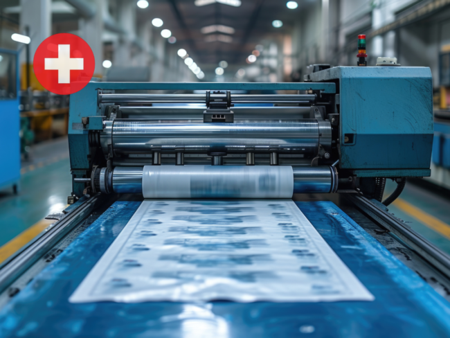 30 Industrial packaging printing machine with a Swiss flag icon, illustrating the compliance requirements for packaging inks under Swiss Ordinance Annex 10 Edition 3.2.