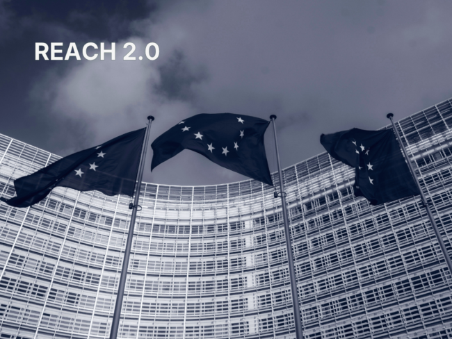EU flags in front of the Berlaymont building in Brussels with "REACH 2.0" text overlay, illustrating the EU Commission's decision to shelve the REACH 2.0 revision.