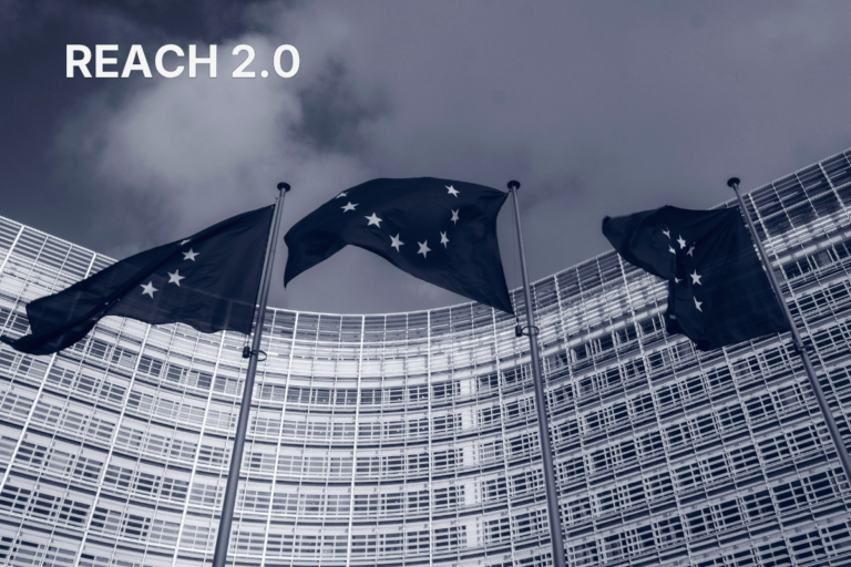 EU flags in front of the Berlaymont building in Brussels with "REACH 2.0" text overlay, illustrating the EU Commission's decision to shelve the REACH 2.0 revision.