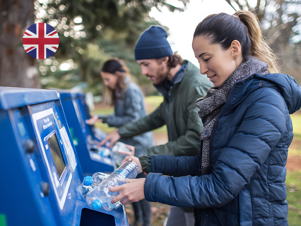 People returning plastic bottles at a reverse vending machine, illustrating how the UK DRS will work when it launches in October 2027.