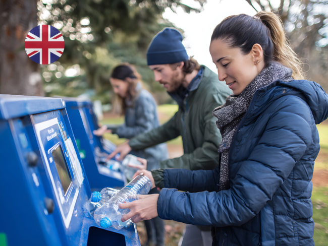 People returning plastic bottles at a reverse vending machine, illustrating how the UK DRS will work when it launches in October 2027.