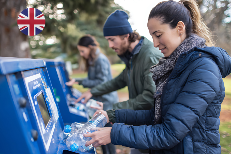 People returning plastic bottles at a reverse vending machine, illustrating how the UK DRS will work when it launches in October 2027.