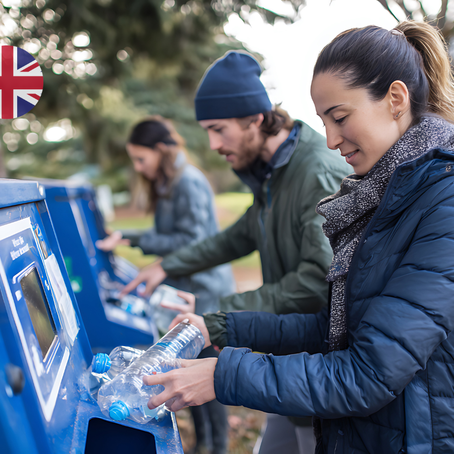 People returning plastic bottles at a reverse vending machine, illustrating how the UK DRS will work when it launches in October 2027.