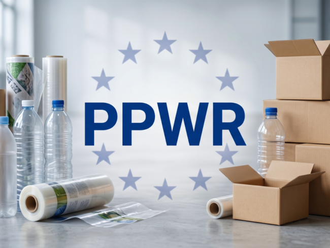 Packaging materials including plastic bottles, cardboard boxes and shrink wrap arranged around the PPWR logo against a EU stars background, illustrating PPWR enforcement challenges ahead of the August 2026 deadline.