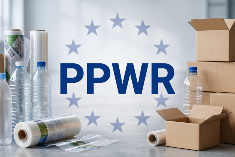 Packaging materials including plastic bottles, cardboard boxes and shrink wrap arranged around the PPWR logo against a EU stars background, illustrating PPWR enforcement challenges ahead of the August 2026 deadline.