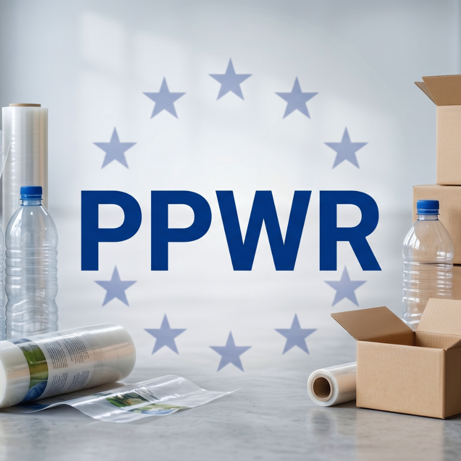 Packaging materials including plastic bottles, cardboard boxes and shrink wrap arranged around the PPWR logo against a EU stars background, illustrating PPWR enforcement challenges ahead of the August 2026 deadline.