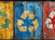 Weathered recycling symbols on yellow, blue, and red industrial containers, illustrating the shifting legal landscape of California’s SB 343 and the transition from aspirational to data-backed recyclability labeling.