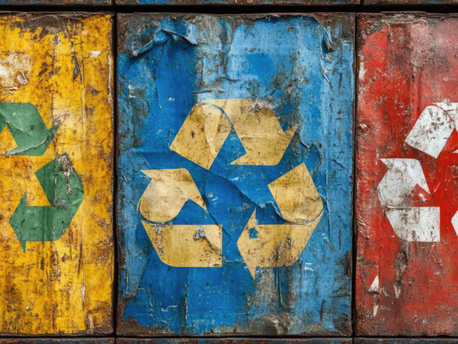 Weathered recycling symbols on yellow, blue, and red industrial containers, illustrating the shifting legal landscape of California’s SB 343 and the transition from aspirational to data-backed recyclability labeling.