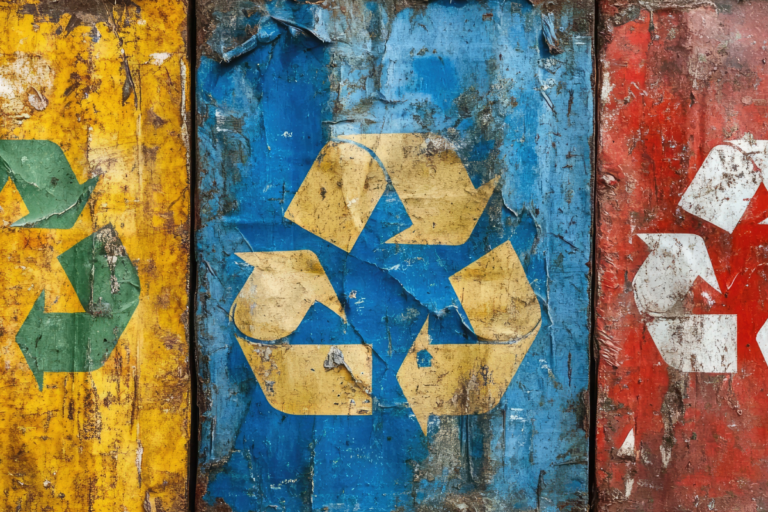 Weathered recycling symbols on yellow, blue, and red industrial containers, illustrating the shifting legal landscape of California’s SB 343 and the transition from aspirational to data-backed recyclability labeling.