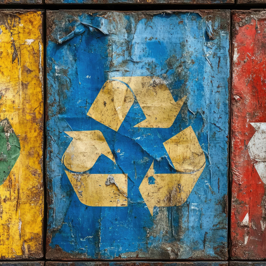 Weathered recycling symbols on yellow, blue, and red industrial containers, illustrating the shifting legal landscape of California’s SB 343 and the transition from aspirational to data-backed recyclability labeling.