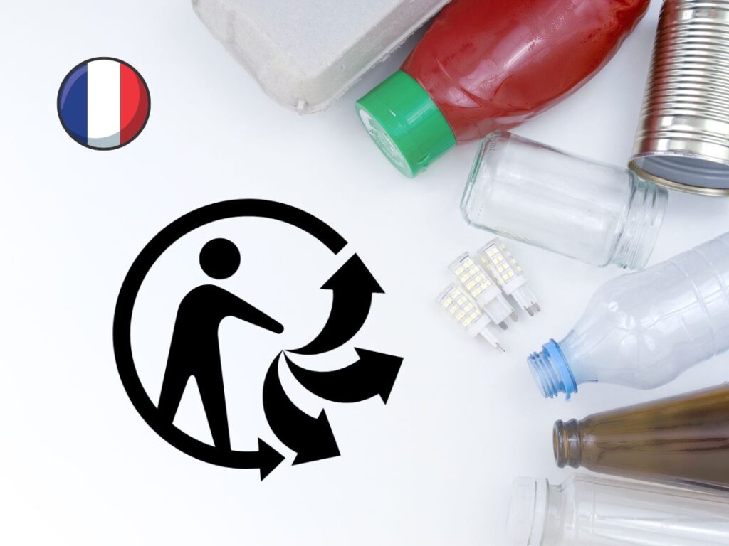 The Triman sorting symbol alongside recyclable consumer products and a French flag icon, illustrating the European Commission's infringement action against France over the mandatory Triman logo requirement.