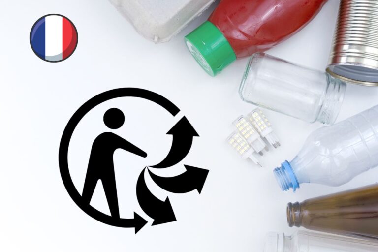 The Triman sorting symbol alongside recyclable consumer products and a French flag icon, illustrating the European Commission's infringement action against France over the mandatory Triman logo requirement.