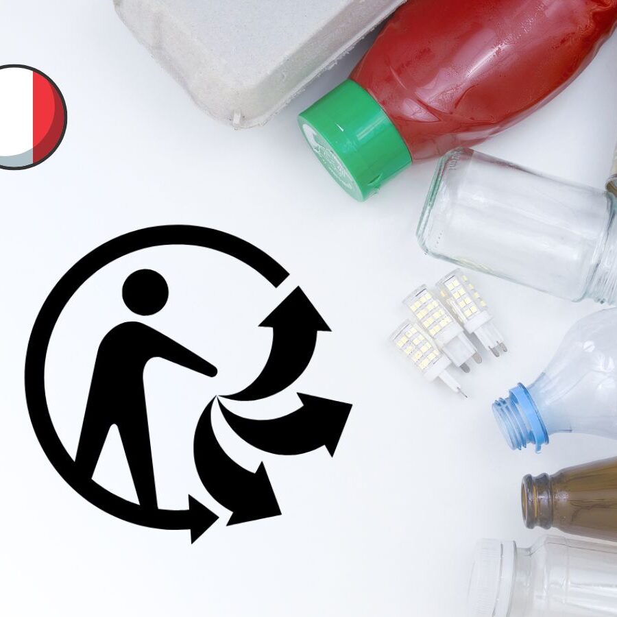 The Triman sorting symbol alongside recyclable consumer products and a French flag icon, illustrating the European Commission's infringement action against France over the mandatory Triman logo requirement.