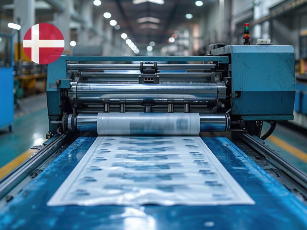 Industrial packaging printing machine with a Swiss flag icon, illustrating the compliance requirements for packaging inks under Swiss Ordinance Annex 10 Edition 3.2.