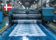 Industrial packaging printing machine with a Swiss flag icon, illustrating the compliance requirements for packaging inks under Swiss Ordinance Annex 10 Edition 3.2.