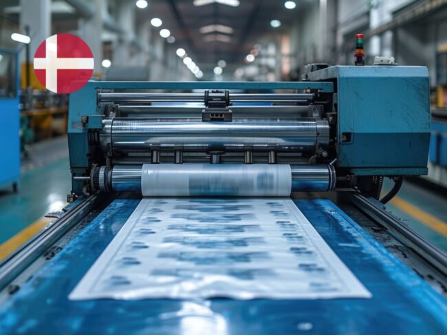 Industrial packaging printing machine with a Swiss flag icon, illustrating the compliance requirements for packaging inks under Swiss Ordinance Annex 10 Edition 3.2.