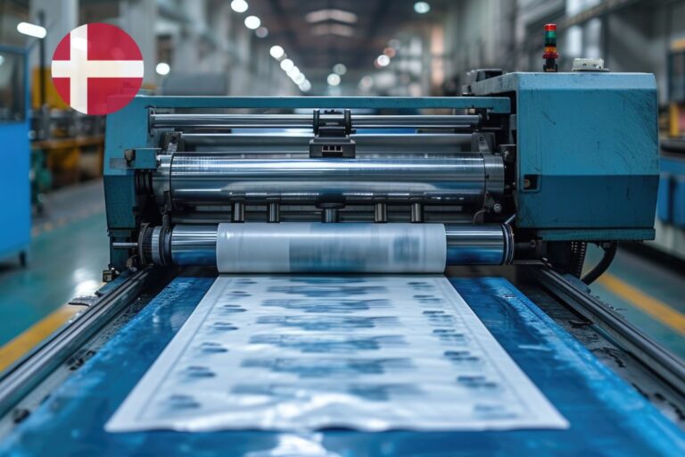 Industrial packaging printing machine with a Swiss flag icon, illustrating the compliance requirements for packaging inks under Swiss Ordinance Annex 10 Edition 3.2.